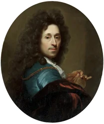 Porträt des Künstlers in einem blauen Mantel und braunem Samtumhang, mit einem Medaillon des Kurfürsten Johann Wilhelm