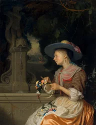 Frau, die einen Blumenkranz flicht, um 1675-80