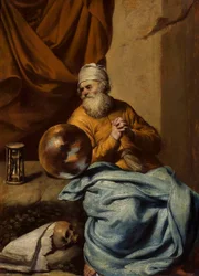 Alter Mann mit einer Kugel, einer Sanduhr, einem Schädel und Büchern (Vanitas?)