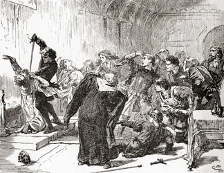 Szene aus William Shakespeares Stück Hamlet, Akt V, Szene 2, Hamlet: Die Spitze ist vergiftet! Dann, Gift, an die Arbeit. (Er sticht den König), aus Die Werke von William Shakespeare, veröffentlicht 1896
