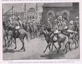 General Ian Hamiltons Rückkehr nach Pretoria: seine Truppen marschieren an Lord Roberts vorbei, 30. Juli 1900