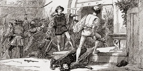 Tybalt von Romeo getötet, Szene aus William Shakespeares Romeo und Julia, Akt III, Szene 1, aus Die Werke von William Shakespeare, veröffentlicht 1896