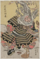 Musashibo Benkei kniend bei einem Pflaumenbaum, ca. Mitte oder Ende der 1810er Jahre