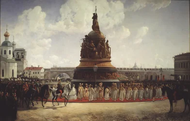 Die Weihe des Denkmals zum Millennium Russlands in Nowgorod 1862, 1864