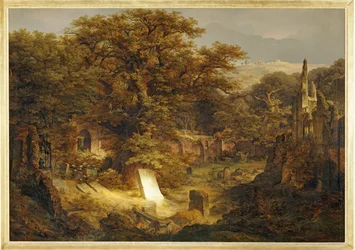 Landschaft mit Grabstein und Ruinen