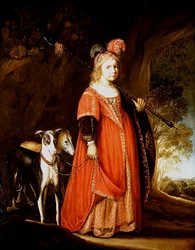 Porträt eines jungen Mädchens als Diana, in einer Lichtung mit zwei Windhunden