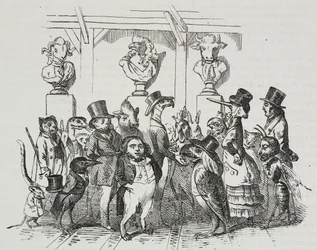 Ausgang aus dem Theater, Karikatur von Jean-Jacques Grandville, Lithographie von Giovanni Mariani aus Poliorama Pittoresco, Nr. 39, 7. Mai