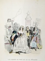 Die Hochzeit des Puff und der Werbung (Karikatur über die Fülle der Pressewerbung) - von Grandville