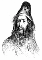Porträt von Robinson Crusoe nach 11 Jahren auf seiner einsamen Insel - Illustration von Grandville für den Roman von Daniel De Foe (Defoe) - Ausgabe Garnier 1869 S. 138