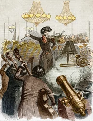 Ein Konzert hat ein Maschinengewehr. Karikatur von Hector Berlioz, der ein Orchester dirigiert. In „Jerome Paturot auf der Suche nach einer sozialen Position“ illustriert von Grandville.