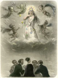 Allegorie einer jungen Frau, umgeben von 4 Seufzern, die sich mit einem Planeten vergleicht, um den vier Satelliten kreisen, von denen einer ihre Sonne wird. Grandville-Stich zur Illustration eines Kapitels in Merys Buch: „Die Sterne“
