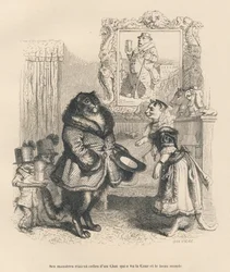Hofkater, der eine junge Katze grüßt. Von J. J. Grandville illustrierte Vignetten. Von Brevière signierter Stich im Teil mit dem Titel „Herzensqualen einer englischen Katze“, geschrieben von Honoré de Balzac, in „Szenen aus dem privaten und öffentlichen