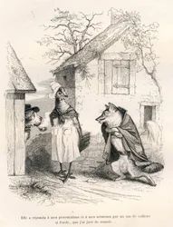 Gespräch zwischen einem Hund, einem Huhn und einem Fuchs. Vignetten illustriert von JJ Granville. Gravur signiert Godard im Teil "Ein Fuchs in der Falle" geschrieben von Charles Nodier in "Szenen aus dem privaten und öffentlichen Leben der Tiere". Paris, J