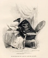 Rabe schreibt. Vignetten illustriert von JJ Granville. Gravur signiert Andrew, Best und Leloir im Teil "Erinnerungen einer alten Krähe" geschrieben von PJ Stahl in "Szenen aus dem privaten und öffentlichen Leben der Tiere". Paris, J. Hetzel und Paulin