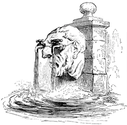 Brunnen mit dem Giebel eines menschlichen Kopfes: Die Brille des Mannes sind Wasserhähne, aus denen Wasser fließt. Detail einer Gravur von Grandville (Jean Ignace Isidore Gerard)