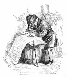 Grandville-Gravur aus dem Buch „Privates und öffentliches Leben der Tiere“ (Les animaux peints par eux-mêmes), Hetzel-Ausgabe 1867 - Karikatur: Wildschwein schreibt eine Petition.