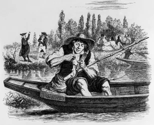 La Fontaines Fabel (von Jean de La Fontaine): Der kleine Fisch und der Fischer, Gravur von J.J. Grandville, ca. 1838-40