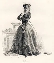 Löwin mit einer Pistole und einer Peitsche. Vignetten illustriert von JJ Granville. Gravur signiert von Andrew, Best und Leloir im Teil "Reise eines Löwen aus Afrika nach Paris" geschrieben von Honoré de Balzac in "Szenen aus dem privaten und öffentlichen 