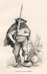 Wolf als Wache. Vignetten illustriert von JJ Granville. Gravur signiert Andrew, Best und Leloir im Teil "Reise eines Spatzen aus Paris" geschrieben von George Sand in "Szenen aus dem privaten und öffentlichen Leben der Tiere". Paris, J. Hetzel und Paulin