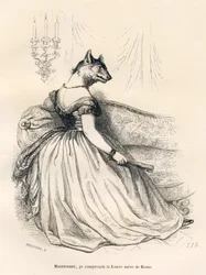 Wölfin, sitzend in einem Sessel. Vignetten illustriert von JJ Granville. Gravur signiert Breviere im Teil "Reise eines Spatzen aus Paris" geschrieben von George Sand in "Szenen aus dem privaten und öffentlichen Leben der Tiere". Paris, J. Hetzel und Paulin