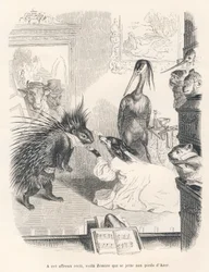 Oper mit einem Stachelschwein, einem Hund und einem Reiher auf der Bühne. Illustrierte Vignetten von JJ Granville. Gravur signiert Godard im Teil "Das erste Feuilleton von Pistolet" geschrieben von Jules Janin in "Szenen aus dem privaten und öffentlichen L