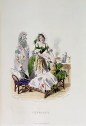 Personifikation der Heilpflanze Eibisch, die einen Frosch behandelt - in „Animierte Blumen“ von Grandville