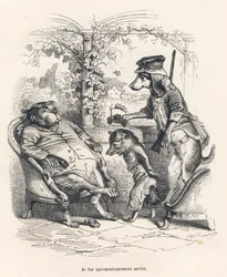Fuchs von einem Hund verhaftet. Vignetten illustriert von JJ Granville. Gravur signiert von Godard im Teil "Ein Fuchs in der Falle" geschrieben von Charles Nodier in "Szenen aus dem privaten und öffentlichen Leben der Tiere". Paris, J. Hetzel und Paulin