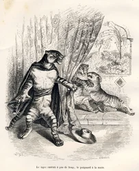 Tiger tritt mit Dolch in der Hand auf die Bühne. Vignetten illustriert von JJ Granville. Gravur signiert Godard im Teil "Le premier feuilleton de Pistolet" geschrieben von Jules Janin in "Scènes de la vie privée et publique des animaux". Paris, J. Hetzel
