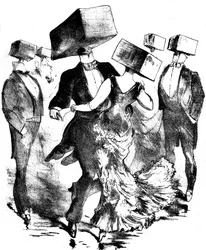 Unsignierte Illustration für die Partitur eines Werkes von Emile Fischer mit dem Titel „Polka des hamteaux“, Ende des 19. - Anfang des 20. Jahrhunderts - diese anonyme Komposition erinnert sowohl an die Erfindungen des Vorläufers Grandville als auch an die