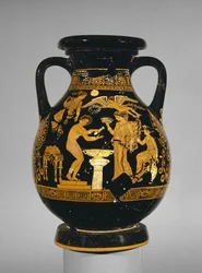 Apulische rotfigurige Pelike mit einer Szene einer Braut bei ihrer Toilette, die Sauggruppe, gefunden in Basilicata, ca. 375-350 v. Chr.