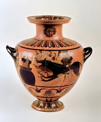 Archaische ionische Hydria mit der Darstellung des Herakles, der Kerberos zu Eurystheus bringt, aus Cerveteri, ca. 530 v. Chr.