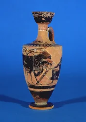 Attische schwarzfigurige Lekythos, die Odysseus zeigt, wie er dem Zyklopen entkommt, ca. 530 v. Chr.