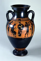 Attische schwarzfigurige Halsamphora mit der Aufnahme des Herkules in den Olymp, um 520 v. Chr.