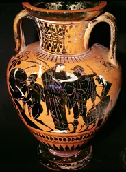 Attische schwarzfigurige Vase mit Darstellung von Synthos, Demeter, Hermes und dem Fährmann, ca. 535-540 v. Chr.