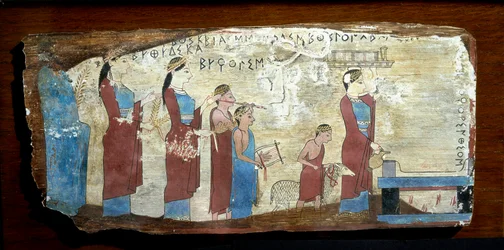 Griechische Antike: Opfer eines Lammes. Holzmalerei aus Sicyon im Golf von Korinth. 6. Jahrhundert v. Chr.