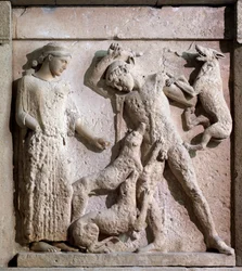Magna Graecia: Metope mit Artemis und Aktäon, Steinrelief, 5. Jahrhundert v. Chr.
