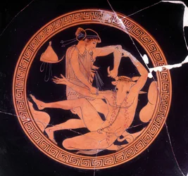 Minotaurus, von Theseus getötet - griechische Vase im Museo Archeologico di Firenze. Inneres der attischen Trinkschale mit roten Figuren, Dokimasia-Maler. 480 v. Chr. (Minotaurus)