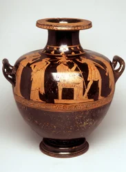 Vasenmalerei: Darstellung von Jupiter (Zeus) im Zentrum. Über seinem Kopf erscheint Athene, vollständig bewaffnet (Geburt der Athene). Zeus gegenüber befindet sich Hephaistos. 470 v. Chr. BNF, Cabinet des Médailles.