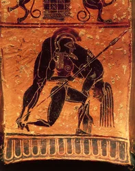 Schwarzfigurige Keramik, Françoisvase, attischer Volutenkrater, signiert vom Töpfer Ergotimos und vom Maler Kleitias, Detail, Ajax der Telamonier trägt den Leichnam des Achilleus, 570-560 v. Chr.