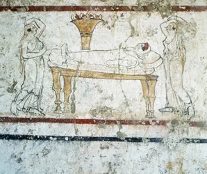 Gaudo-Nekropole, lukanisches Fresko, das die Verstorbene auf ihrem Sterbebett darstellt, 340 v. Chr.