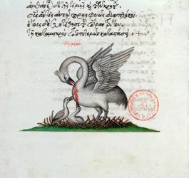 Ms 3401 Ein Pelikan, der seine Brust durchbohrt, um seine Jungen zu füttern, aus einem Bestiarium von Manuel Philes, 1566