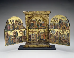 Auferweckung des Lazarus; Einzug in Jerusalem; Kreuzigung; Abstieg Christi in die Hölle (Mittelteil), zweite Hälfte des 16. Jahrhunderts