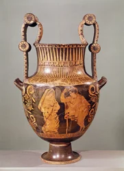 Rotfiguriger Krater darstellend ein Gespräch zwischen einem Epheben und einer Frau im Himation, aus Böotien