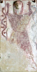 Polychrome Malerei auf Pinax und Relief, das eine weibliche Gottheit mit Schlange darstellt, aus der Agora von Athen, Griechenland, griechische Zivilisation, 7. Jahrhundert v. Chr.