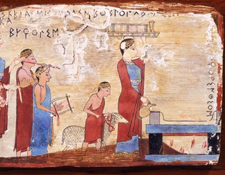 Szene mit Opfer, bemalte Tafel aus Pitsa, Griechenland, griechische Zivilisation, 6. Jahrhundert v. Chr.
