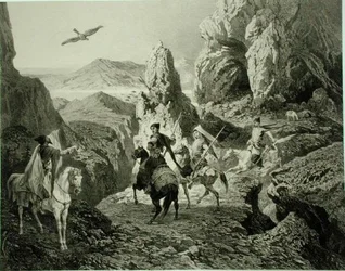 Eine Falkenjagd bei Jerewan, Armenien, Tafel 20 aus einem Buch über den Kaukasus, graviert von Eugene Ciceri (1813-90) und Adolphe Jean-Baptiste Bayot (1810-66), veröffentlicht von Alfred Leon Lemercier, Paris