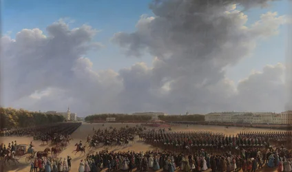 Parade zur Feier des Endes der Militäraktionen im Königreich Polen auf der Zarinwiese in St. Petersburg