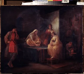 Im Zimmer. Orientalistische Szene mit Tänzerinnen aus Shamakha in Aserbaidschan in einem Harem