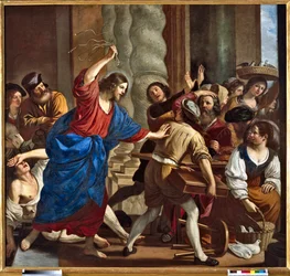 Christus vertreibt die Geldwechsler aus dem Tempel. Gemälde von Giovanni Francesco Barbieri, genannt Il Guercino