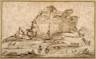 Landschaft mit klassischen Ruinen und einem von Hunden angegriffenen Jugendlichen